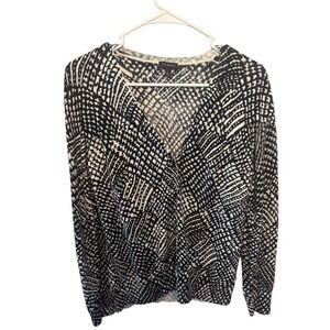 Talbots Women's L Black White Pattern Long Sleeve‎ Surplice Cardigan